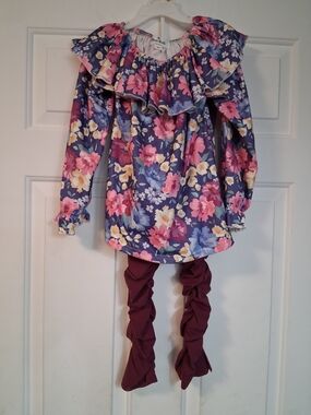 Marie Nicole Girls Floral Ruffle Top & Burgundy Ruched Leggings Set 5/6T